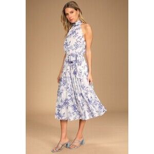 Lulus Float To You White Floral Print Halter Tiered Midi Dress - Size M